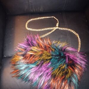 Multicolor Faux Fur Shoulder Bag with Gold Chain Strap - Women